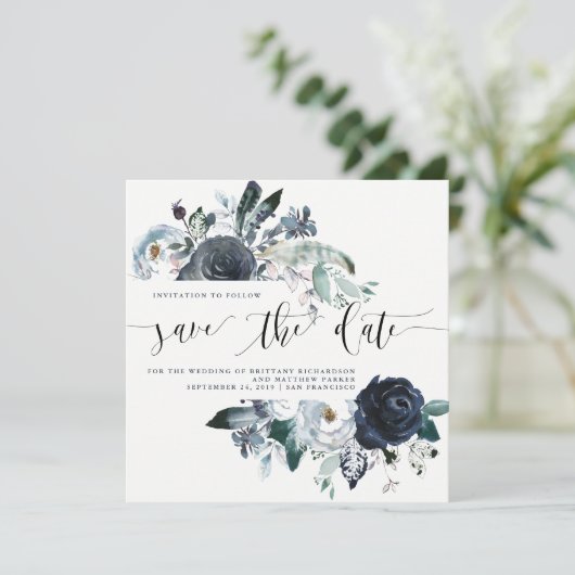 Boho Navy Peony Wedding Save the Date (Staand voorkant)