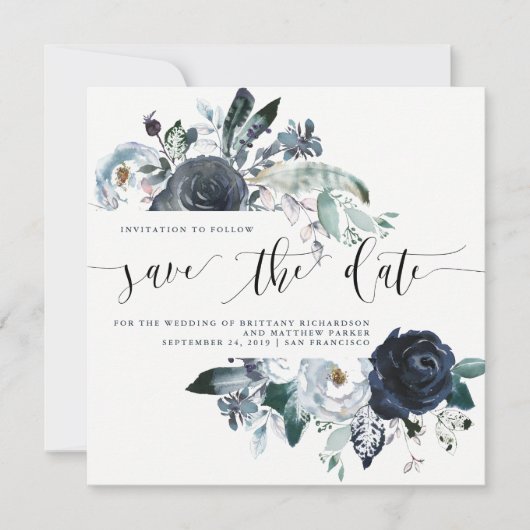 Boho Navy Peony Wedding Save the Date (Voorkant)