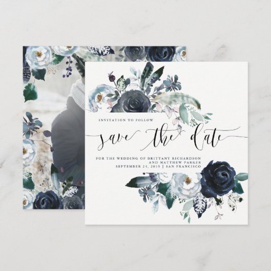 Boho Navy Peony Wedding Save the Date | Foto (Voorkant / Achterkant)