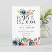 Boho Navy Pink Floral Baby in Bloom Baby Shower Kaart (Staand voorkant)