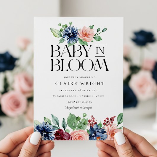 Boho Navy Pink Floral Baby in Bloom Baby Shower Kaart