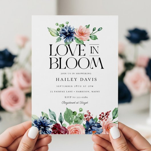 Boho Navy Pink Floral Love in Bloom Bridal Shower Kaart