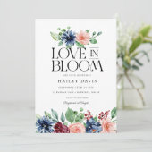 Boho Navy Pink Floral Love in Bloom Bridal Shower Kaart (Staand voorkant)