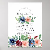 Boho Navy Pink Floral Love in Bloom Bridal Shower Poster (Voorkant)