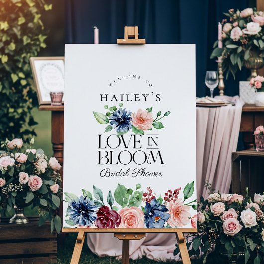 Boho Navy Pink Floral Love in Bloom Bridal Shower Poster