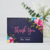 Boho Navy Roze Bloemige Bruidsfeest Bedankkaart (Staand voorkant)