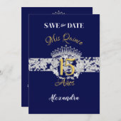  Boho Navy Silver Quinceañera Spaans Save The Date (Voorkant / Achterkant)