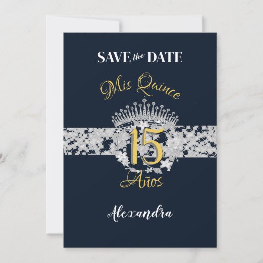  Boho Navy Silver Quinceañera Spaans Save The Date (Voorkant)