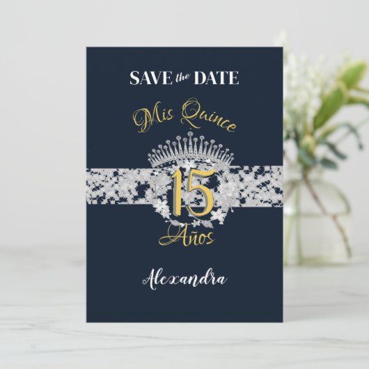  Boho Navy Silver Quinceañera Spaans Save The Date (Staand voorkant)