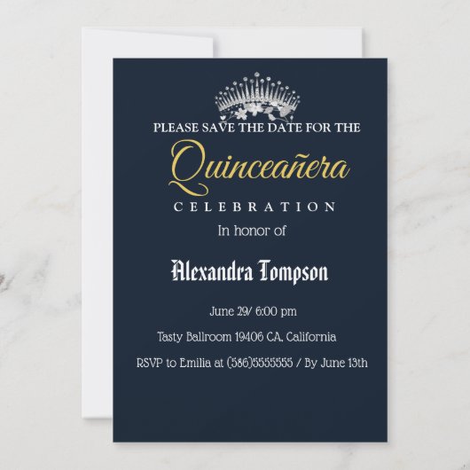 Boho Navy Silver Quinceañera Spaans Save The Date (Achterkant)