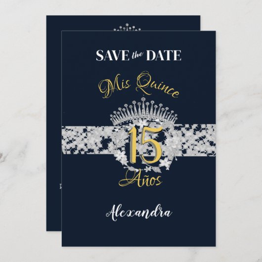 Boho Navy Silver Quinceañera Spaans Save The Date (Voorkant / Achterkant)