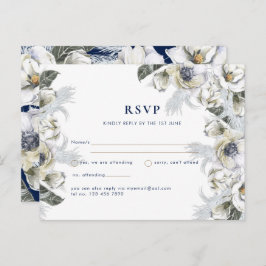 BOHO Navy White Floral Pampas Grass Wedding Briefkaart