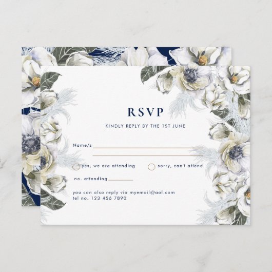 BOHO Navy White Floral Pampas Grass Wedding Briefkaart (Voorkant / Achterkant)