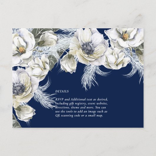 BOHO Navy White Floral Pampas Grass Wedding Briefkaart (Achterkant)