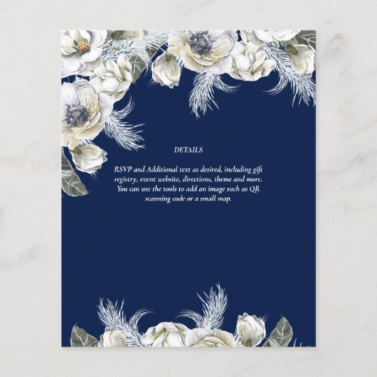BOHO Navy White Floral Pampas Grass Wedding Flyer (Achterkant)