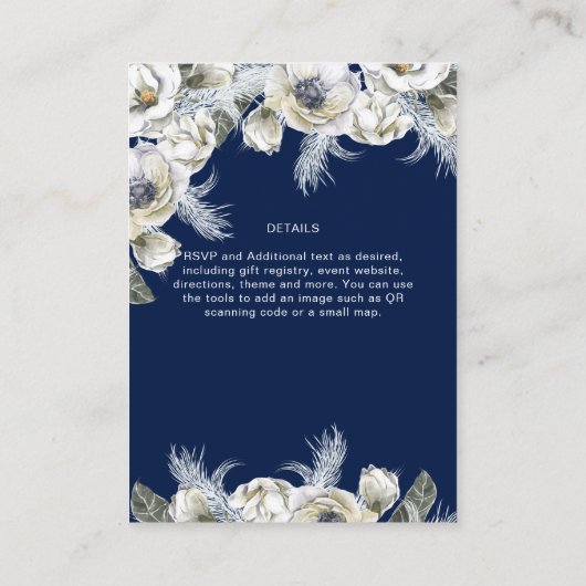 BOHO Navy White Floral Pampas Grass Wedding Informatiekaartje (Achterkant)