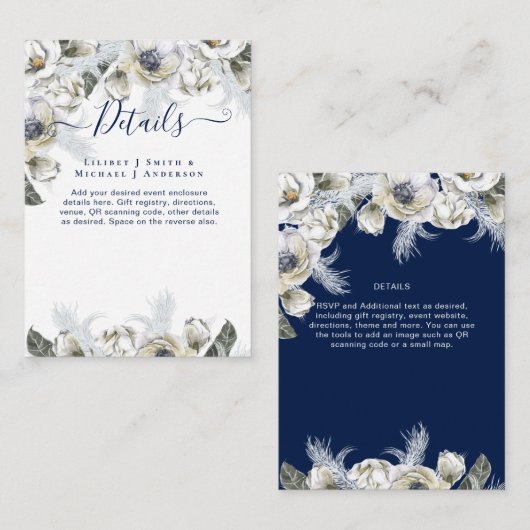 BOHO Navy White Floral Pampas Grass Wedding Informatiekaartje (Voorkant / Achterkant)
