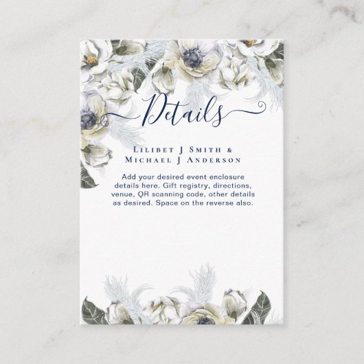 BOHO Navy White Floral Pampas Grass Wedding Informatiekaartje (Voorkant)