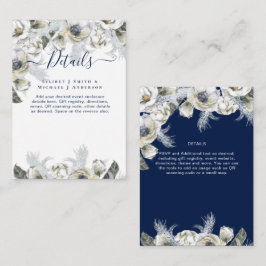 BOHO Navy White Floral Pampas Grass Wedding Informatiekaartje