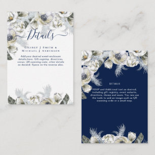 BOHO Navy White Floral Pampas Grass Wedding Informatiekaartje