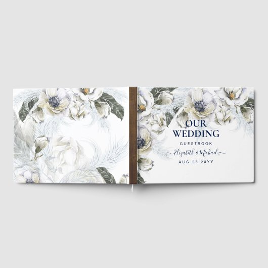 Boho Navy Wit Bloemendecor Pampasgras Bruiloft Gastenboek (Volledig)