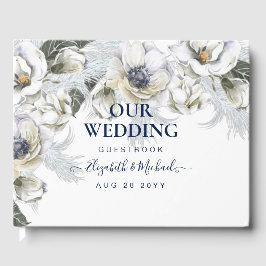 Boho Navy Wit Bloemrijke Pampas Gras Bruiloft Gastenboek