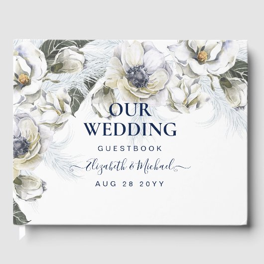 Boho Navy Wit Bloemrijke Pampas Gras Bruiloft Gastenboek (Voorkant)