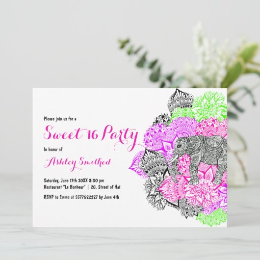 Boho neon roze floral mandala elephant Sweet 16 Kaart (Staand voorkant)