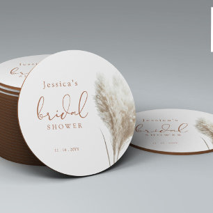 Boho Neutraal Fluffy Pampas Gras Bruidsdouche Ronde Kartonnen Onderzetter