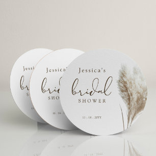 Boho Neutraal Fluffy Pampas Gras Bruidsdouche Ronde Kartonnen Onderzetter