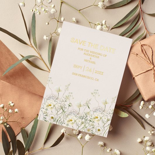 Boho Neutraal Wit Waterverf Wilde Bloem Bruiloft Folie Uitnodiging