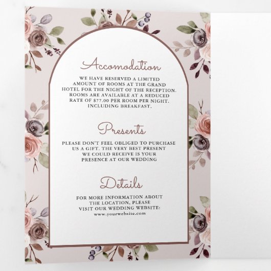 Boho Neutral Aardse Taupe Bloemen QR Code Bruiloft Drieluik Uitnodiging (Binnenzijde eerst)