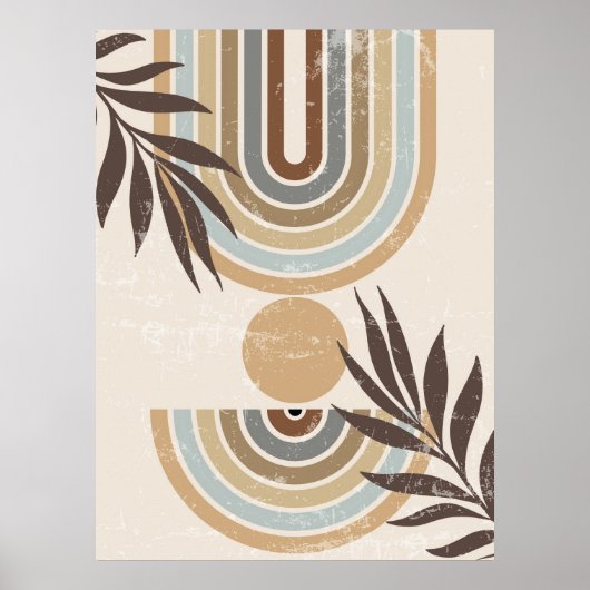 Boho Neutral Abstracte regenbogen en bladeren muur Poster (Voorkant)