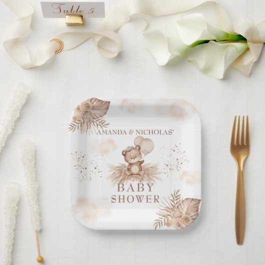 Boho Neutral Baby shower Teddybeer Papieren Bordje (Huwelijk)