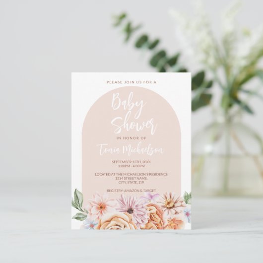 Boho Neutral Bloemen Baby shower Briefkaart (Staand voorkant)