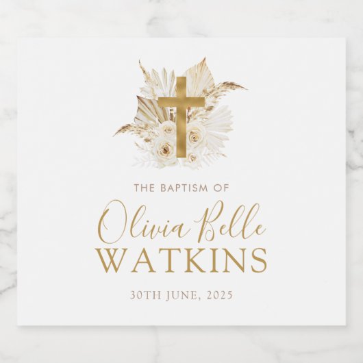 Boho Neutral Bloemen Doop Doopsel Sparkling Wijnetiket (Enkel label)