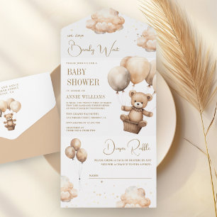 Boho Neutral Brown Teddy Bear Balloons Baby shower All In One Uitnodiging