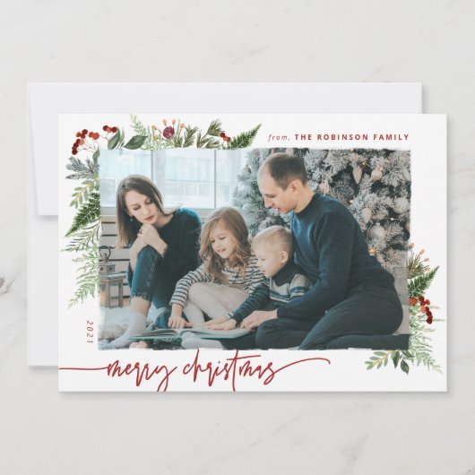 Boho Neutral Burgundy Red Merry-kerstfoto Feestdagenkaart (Voorkant)