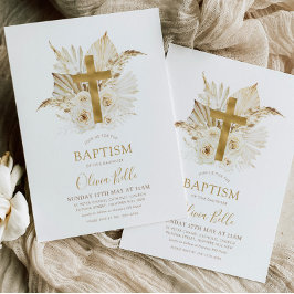 Boho Neutral Dried Palm Floral Baptism Christening Kaart