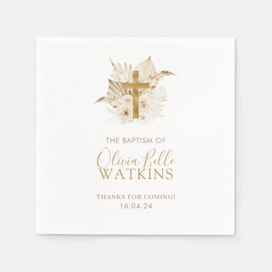 Boho Neutral Dried Palm Floral Baptism Christening Servet (Voorkant)