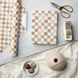 Boho Neutral Earthy Checker Checkerboard Checkered Cadeaupapier