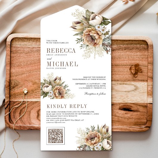 Boho Neutral Earthy Floral Taupe QR Code Weddensch All In One Uitnodiging