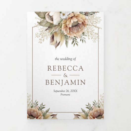 Boho Neutral Earthy Floral Taupe QR Code Weddensch Drieluik Uitnodiging (Cover)