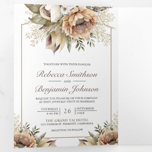 Boho Neutral Earthy Floral Taupe QR Code Weddensch Drieluik Uitnodiging (Binnenzijde eerst)