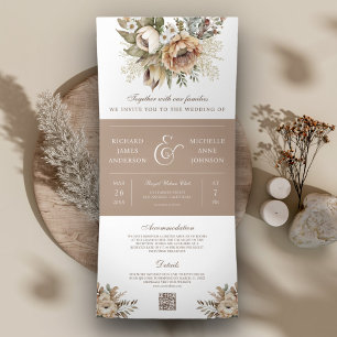 Boho Neutral Earthy Floral Taupe QR Code Weddensch Drieluik Uitnodiging