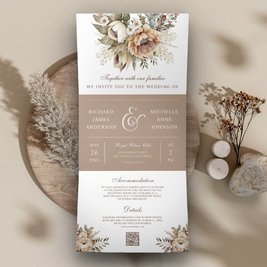 Boho Neutral Earthy Floral Taupe QR Code Weddensch Drieluik Uitnodiging