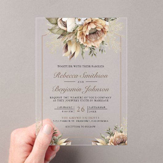 Boho Neutral Earthy Floral Taupe Wedding Acryl Uitnodigingen (Insitu (Draagbaar))