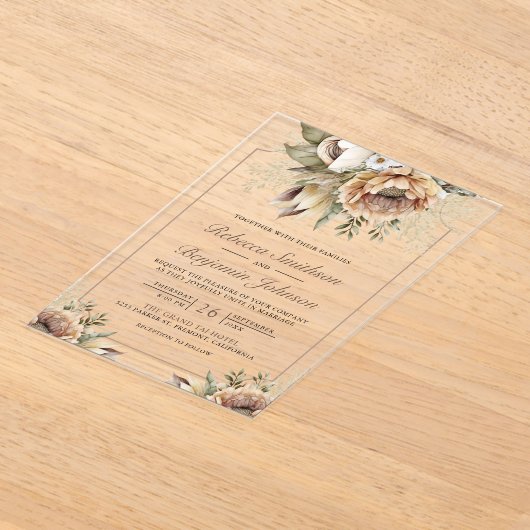 Boho Neutral Earthy Floral Taupe Wedding Acryl Uitnodigingen (Laagn)