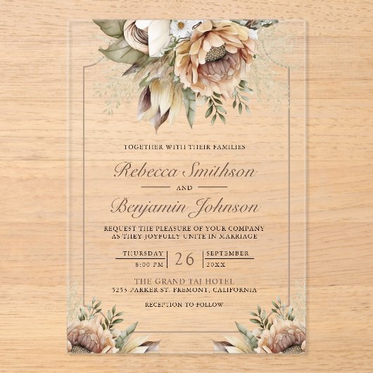 Boho Neutral Earthy Floral Taupe Wedding Acryl Uitnodigingen (Voorkant)