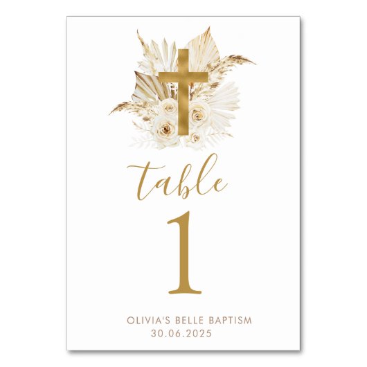 Boho Neutral Floral Baptism Tafelnummers (Voorkant)